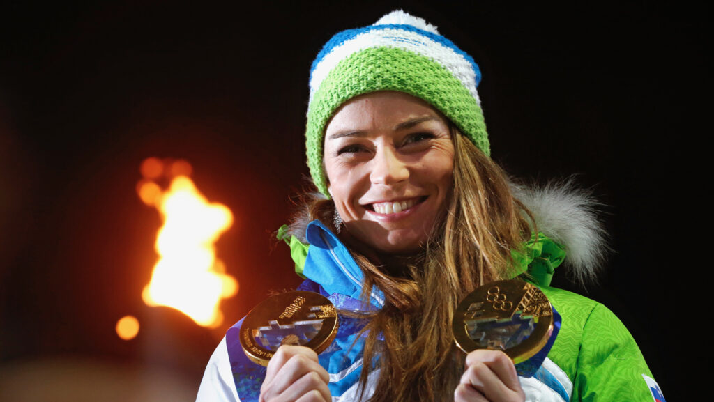 Tina Maze z zlatima kolajnama za smuk in veleslalom, Rdeča Poljana, Rusija 21. februar 2014